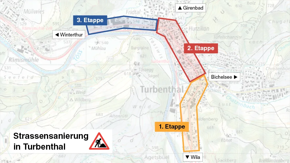 Die Tösstalstrasse in Turbenthal wird in drei Etappen saniert. Bereits läuft die Planung der zweiten. Man sieht eine Karte mit den drei Etappen der Strassensanierung in Turbenthal.